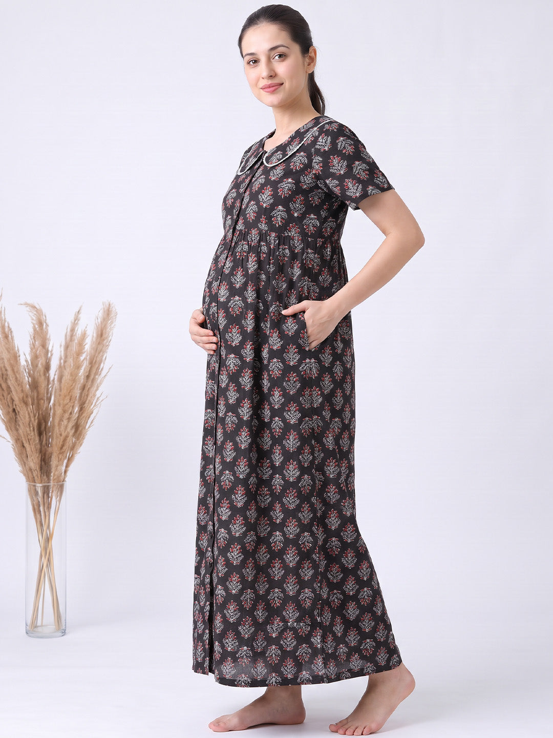 Black Floral Cotton Zipless Maternity Nighty