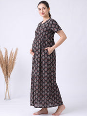 Black Floral Cotton Zipless Maternity Nighty