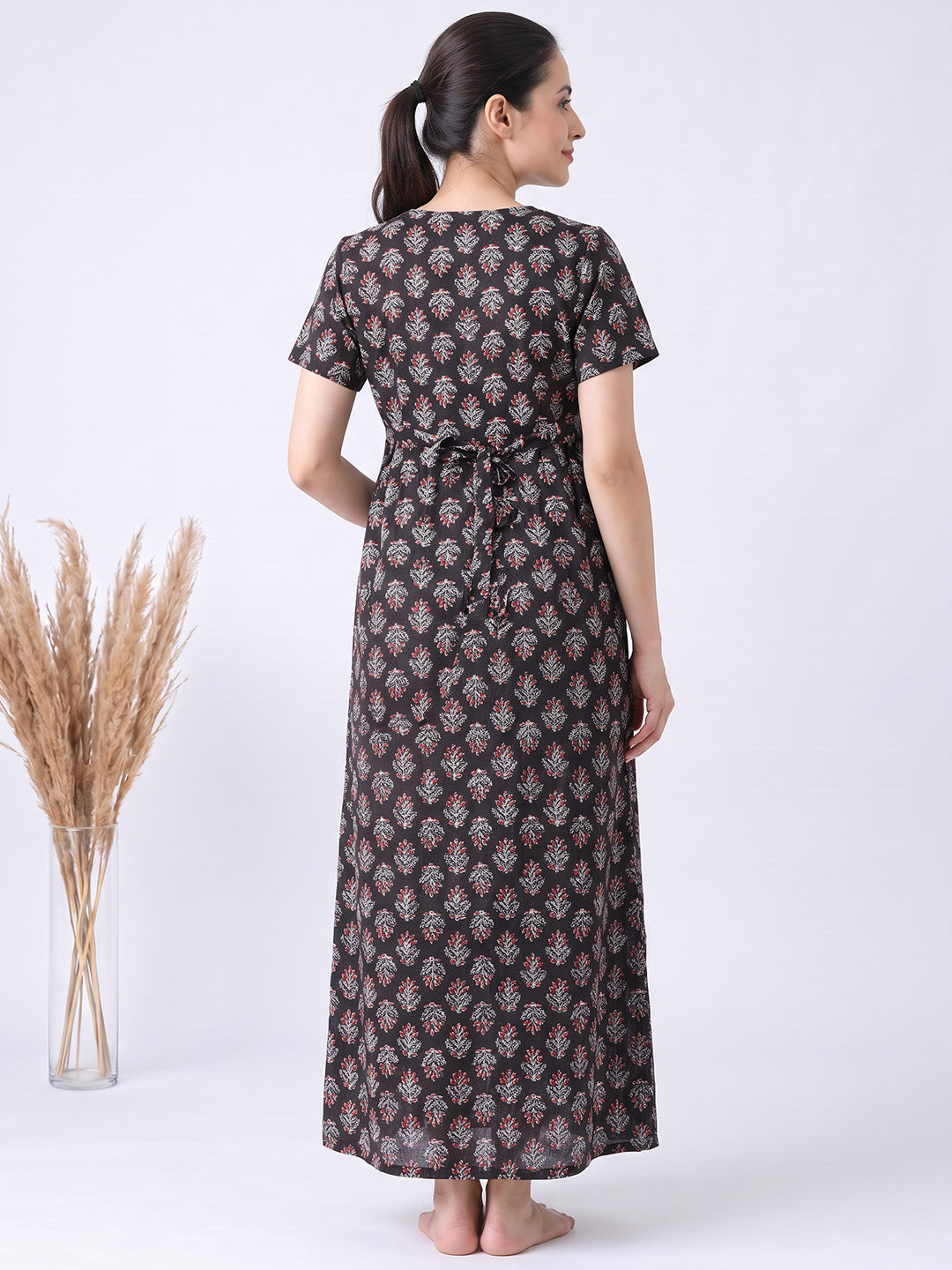 Black Floral Cotton Zipless Maternity Nighty