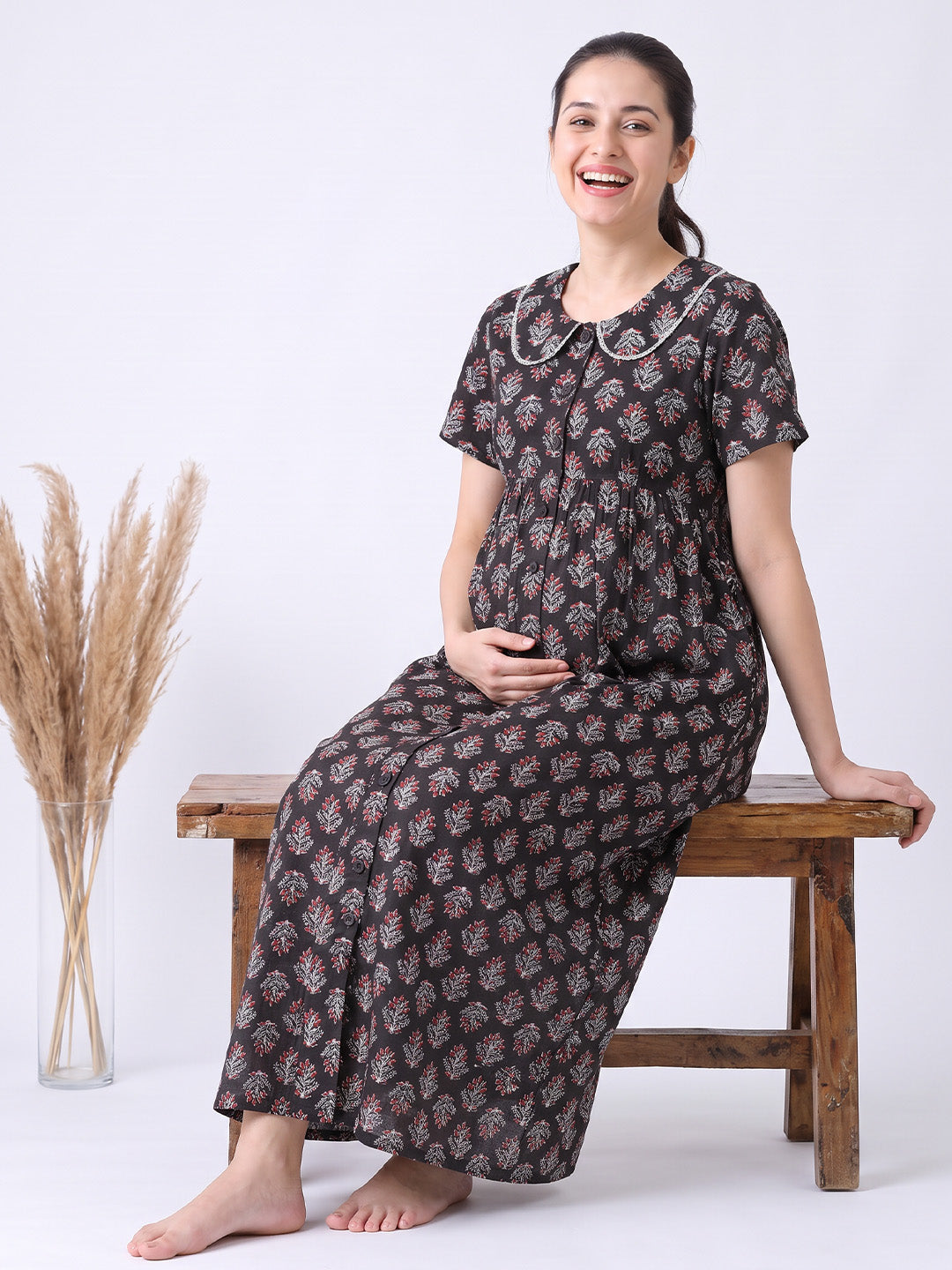 Black Floral Cotton Zipless Maternity Nighty
