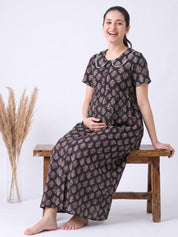 Black Floral Cotton Zipless Maternity Nighty