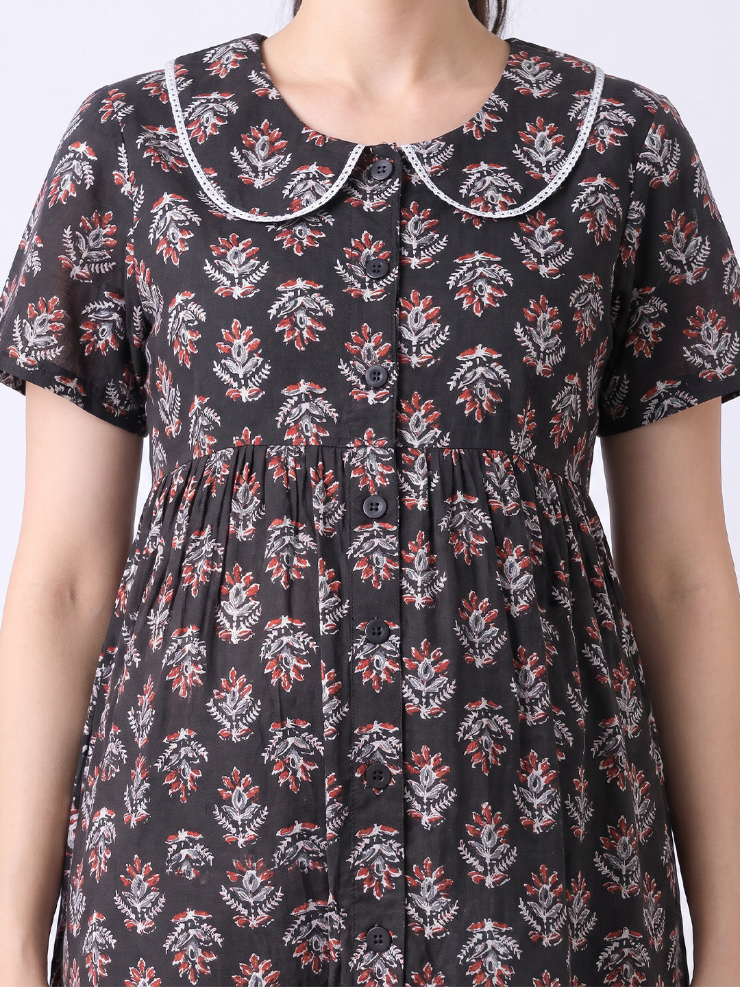 Black Floral Cotton Zipless Maternity Nighty