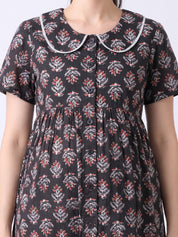 Black Floral Cotton Zipless Maternity Nighty
