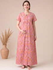 Peach Floral Cotton Zipless Maternity Nighty