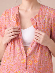 Peach Floral Cotton Zipless Maternity Nighty