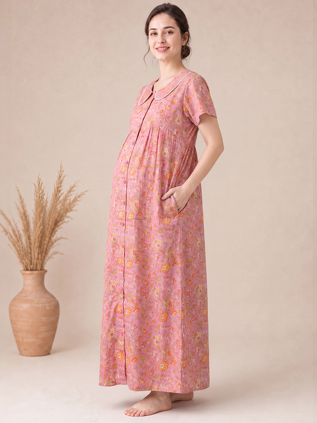 Peach Floral Cotton Zipless Maternity Nighty