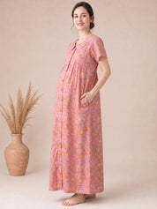 Peach Floral Cotton Zipless Maternity Nighty