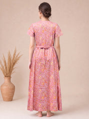 Peach Floral Cotton Zipless Maternity Nighty