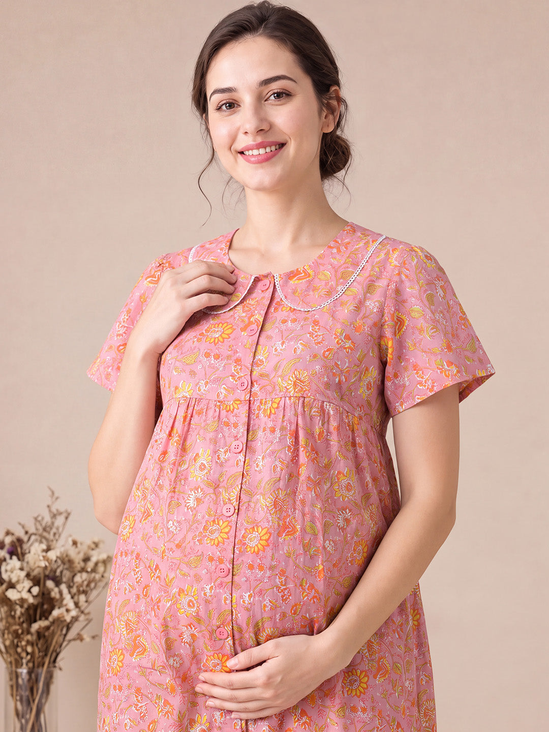 Peach Floral Cotton Zipless Maternity Nighty