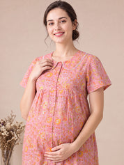 Peach Floral Cotton Zipless Maternity Nighty