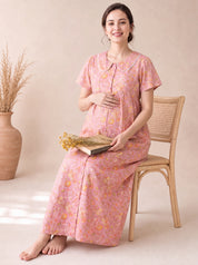 Peach Floral Cotton Zipless Maternity Nighty