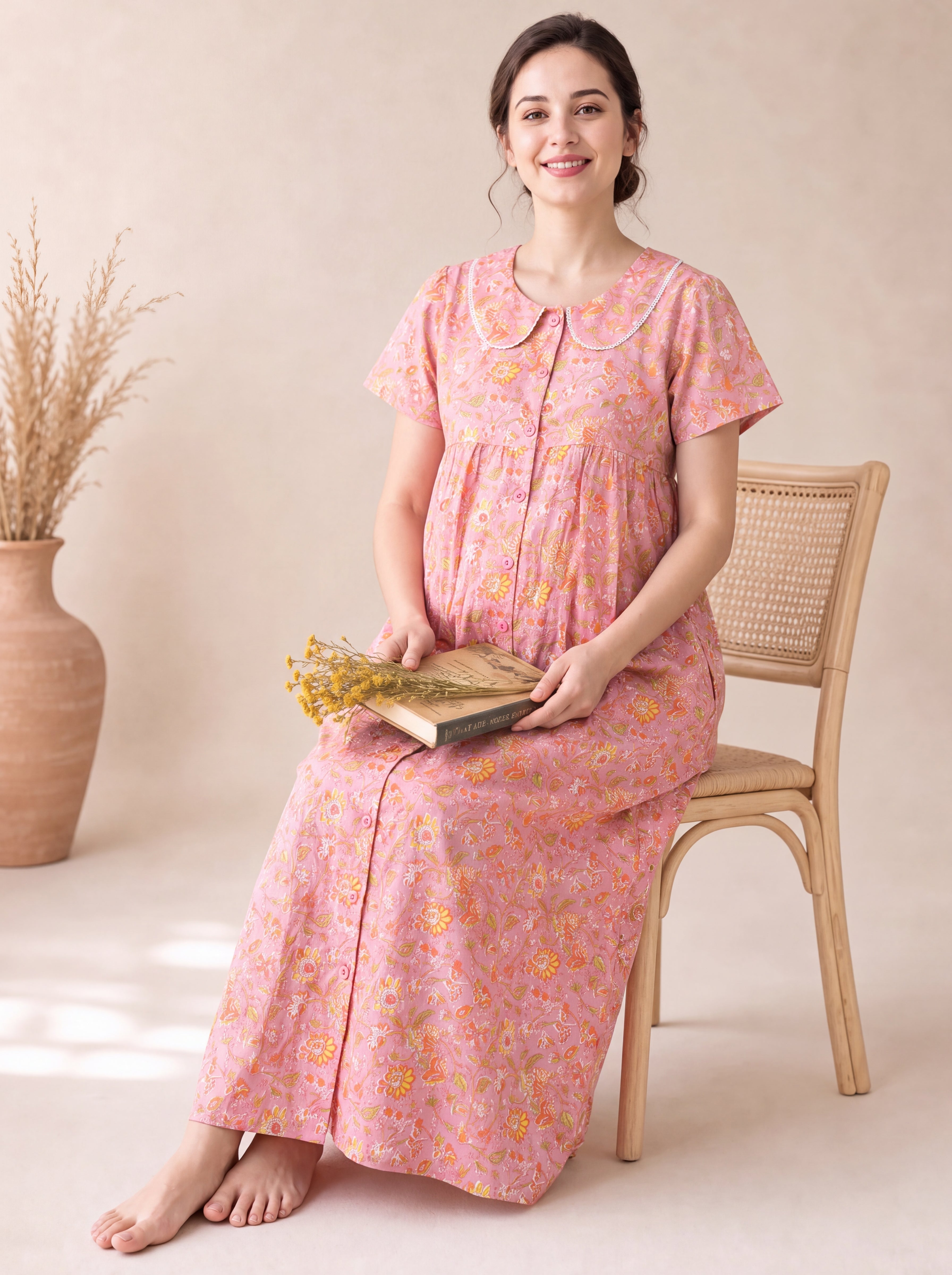 Peach Floral Cotton Zipless Maternity Nighty