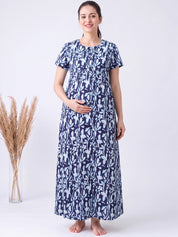 Navy Blue Floral Cotton Zipless Maternity Nighty
