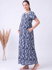 Navy Blue Floral Cotton Zipless Maternity Nighty