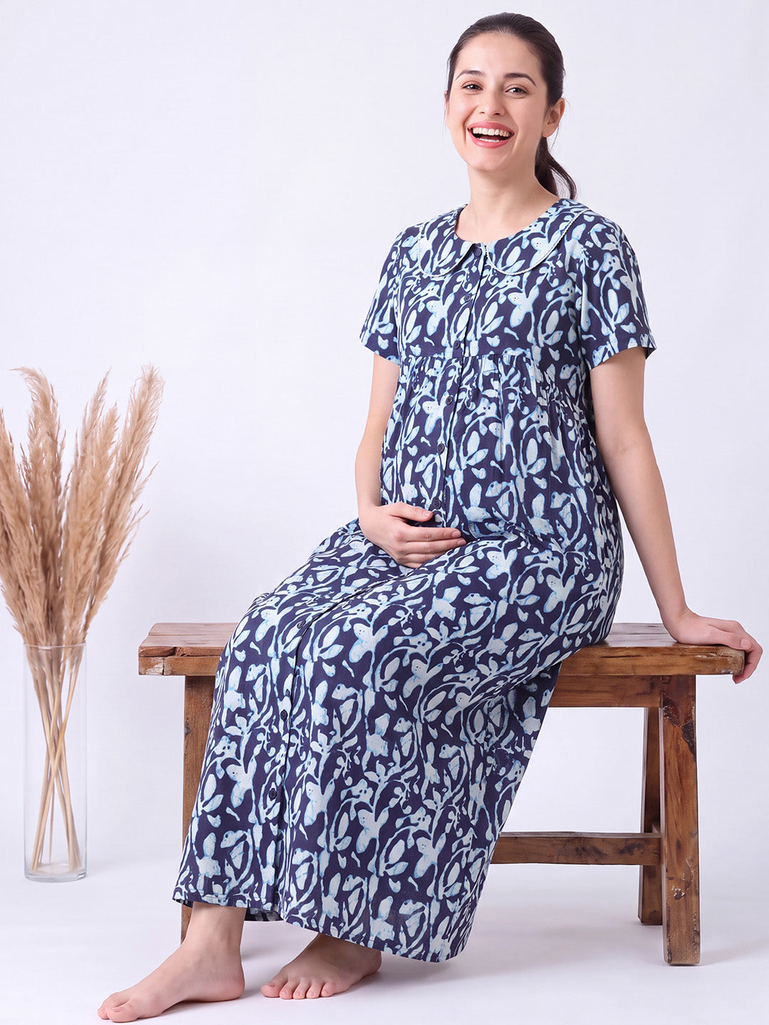 Navy Blue Floral Cotton Zipless Maternity Nighty