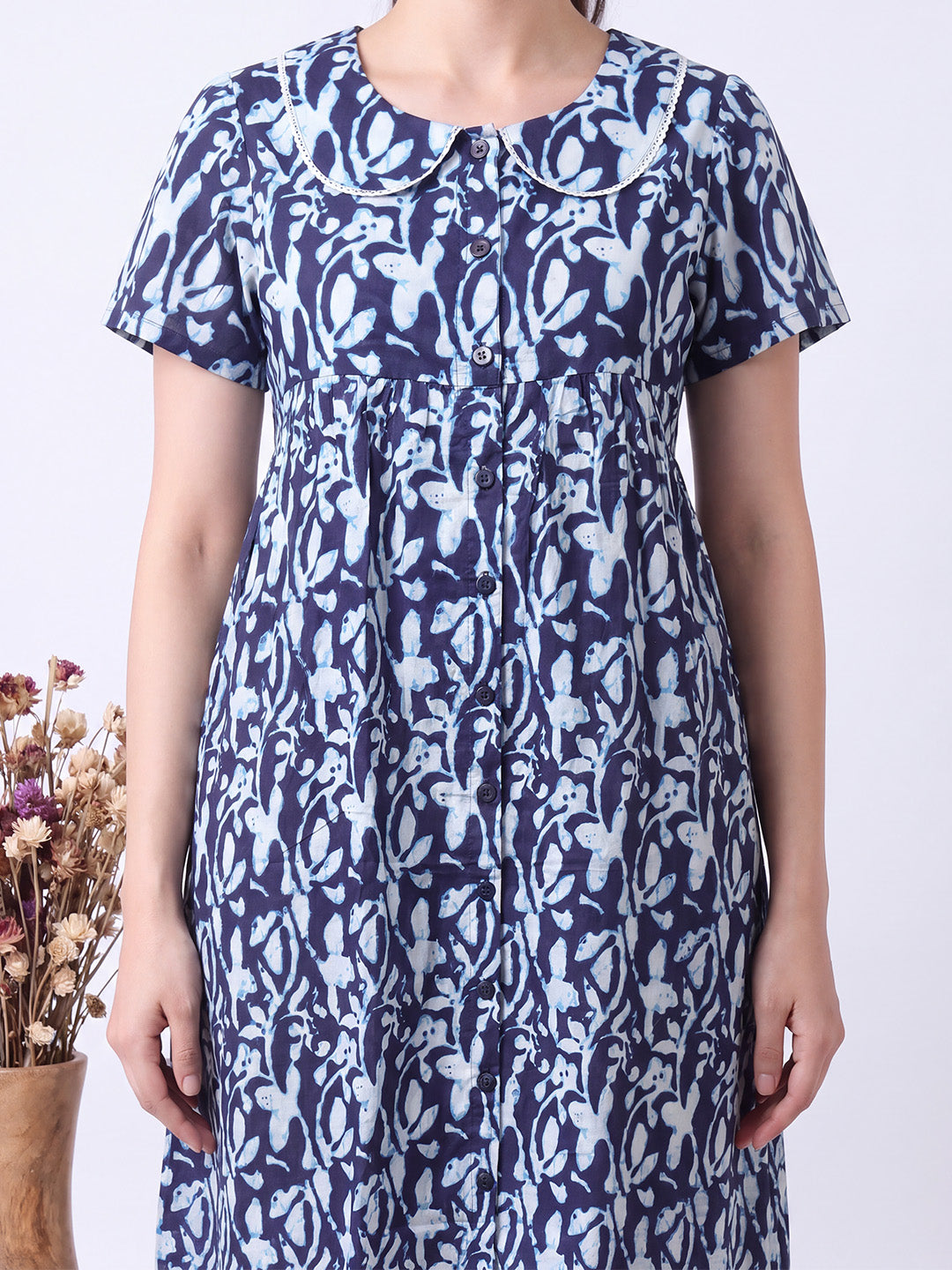 Navy Blue Floral Cotton Zipless Maternity Nighty