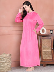 Secret Wish Pink Solid Velvet Nighty Full Length