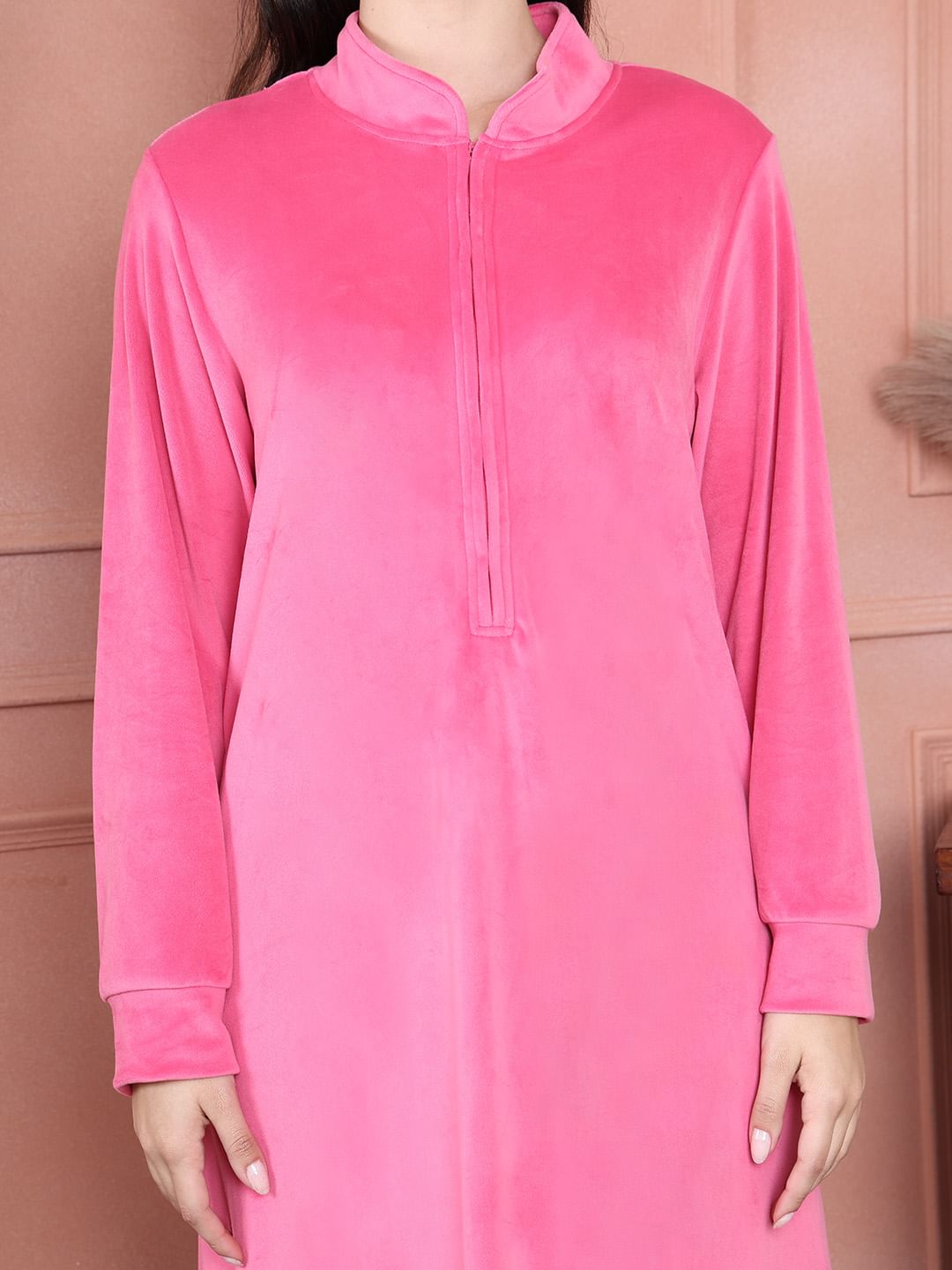 Secret Wish Pink Solid Velvet Nighty Full Length