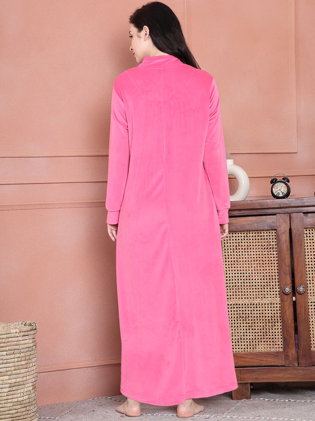 Secret Wish Pink Solid Velvet Nighty Full Length