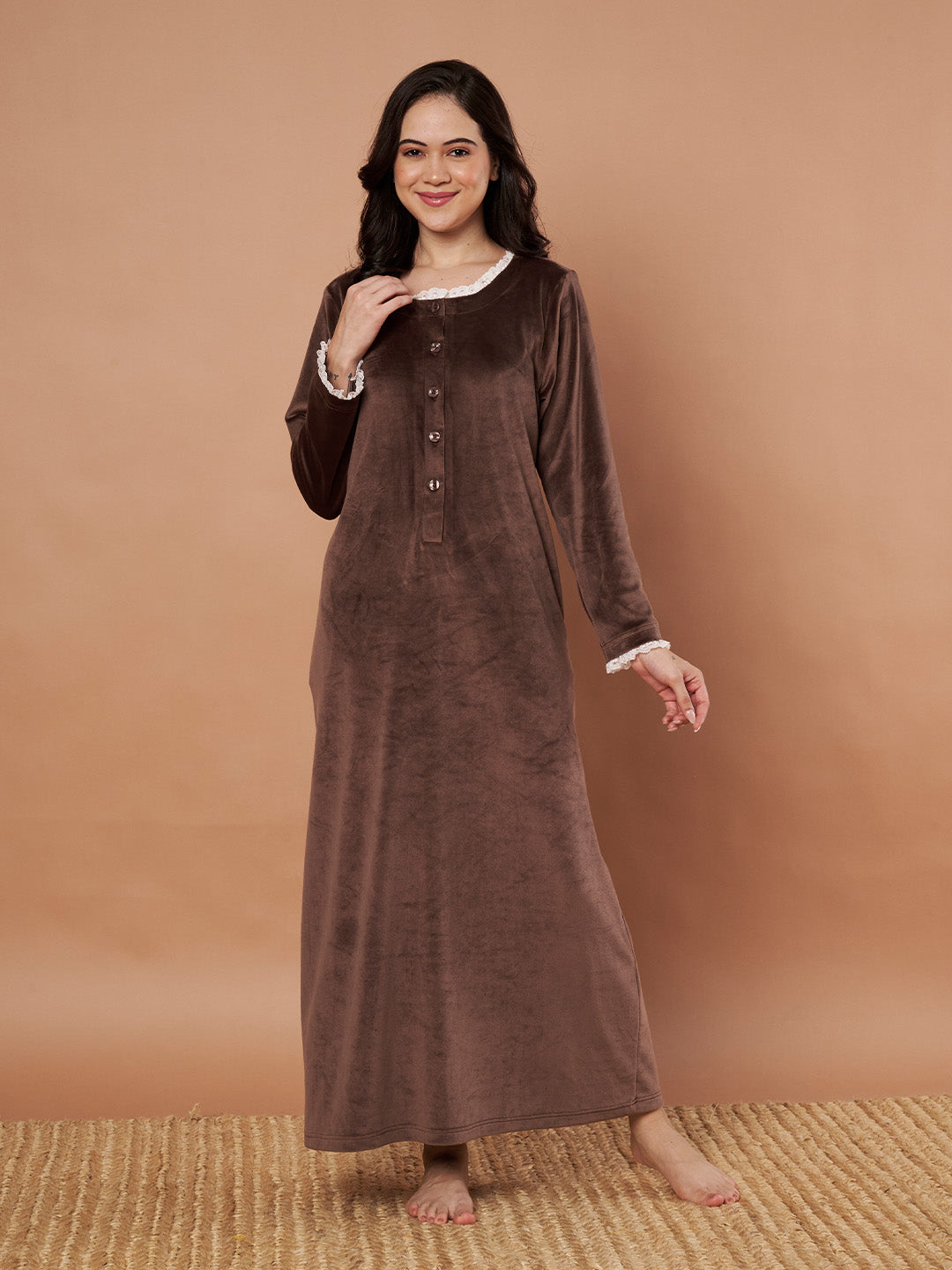 Brown Solid Velvet Winter Nighty