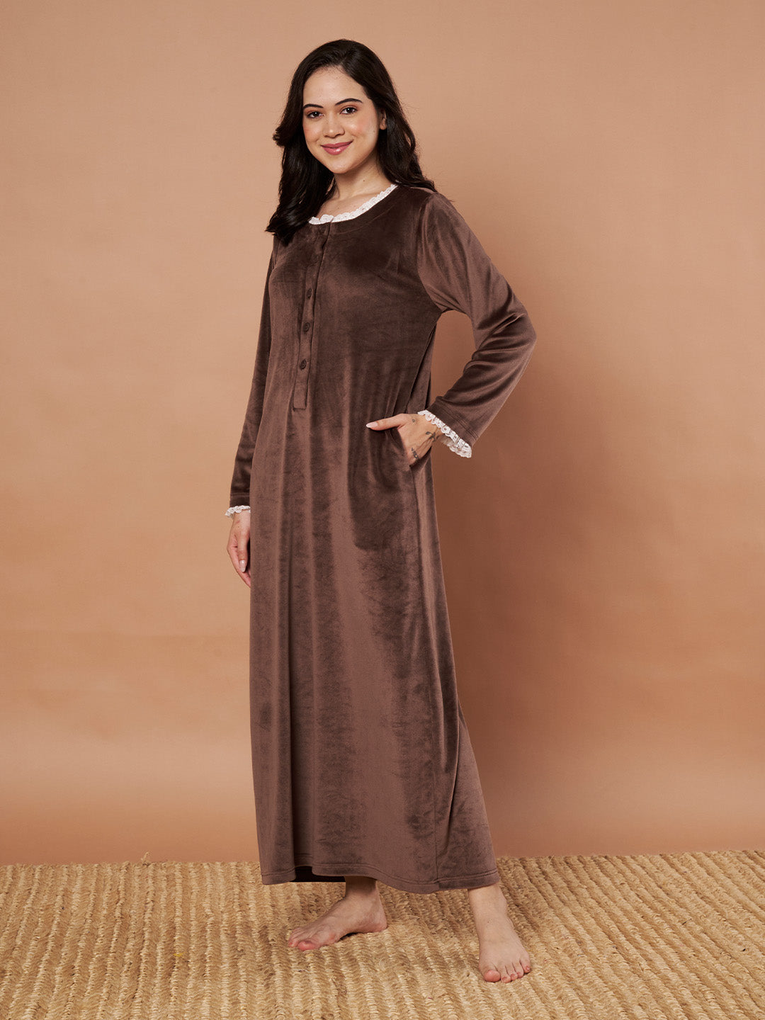 Brown Solid Velvet Winter Nighty