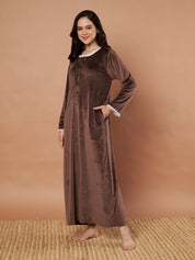 Brown Solid Velvet Winter Nighty