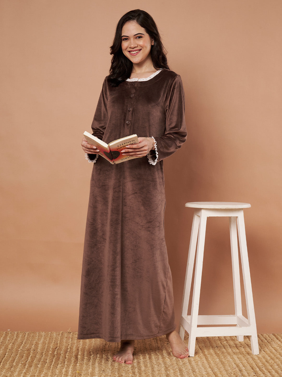 Brown Solid Velvet Winter Nighty