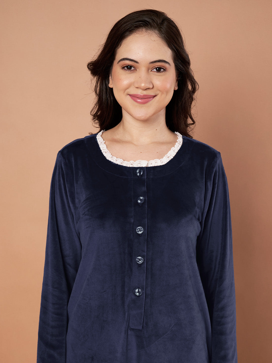 Navy Blue Solid Velvet Winter Nighty