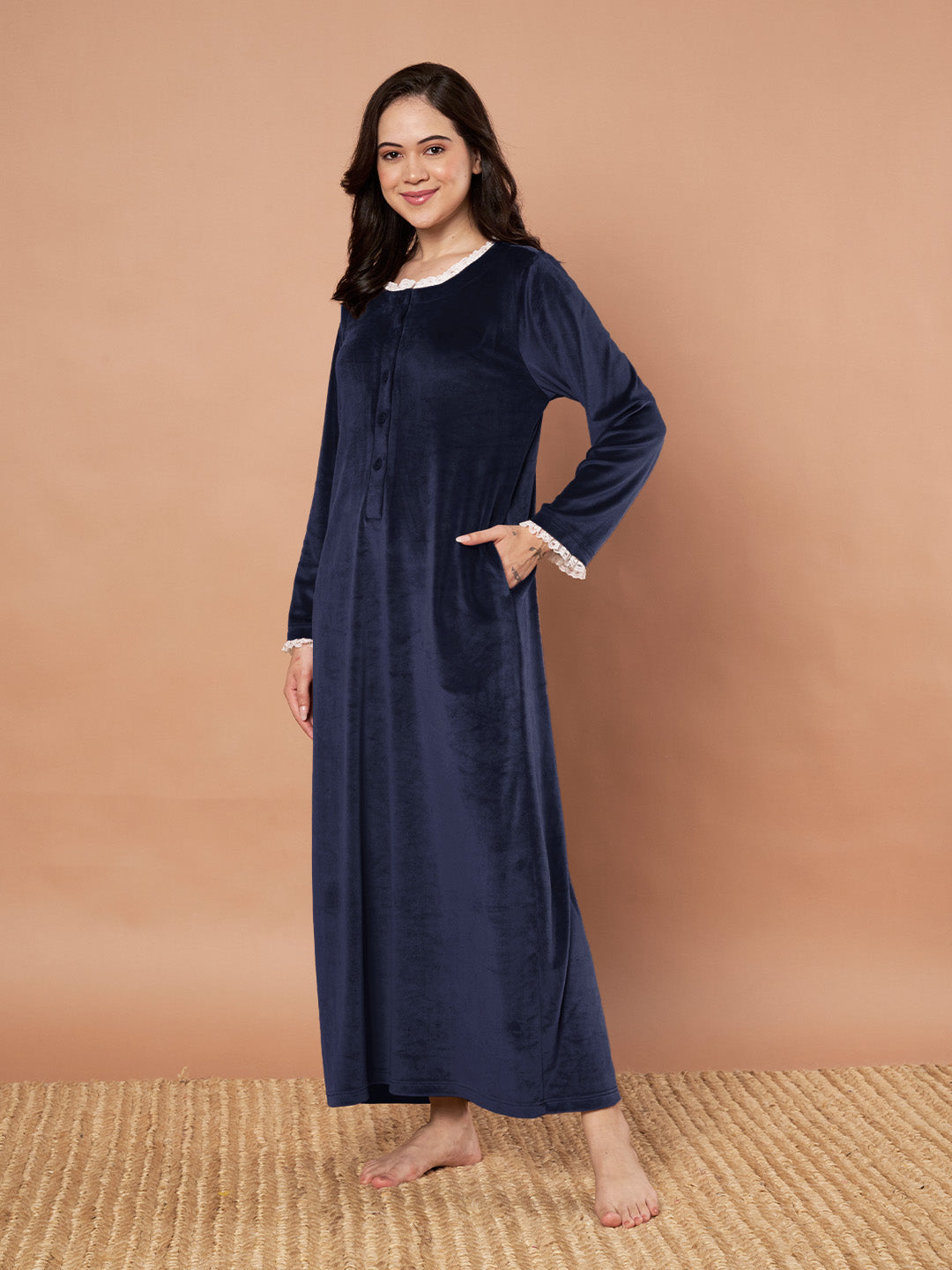 Navy Blue Solid Velvet Winter Nighty