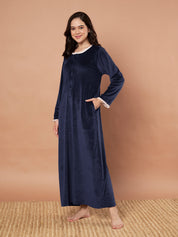 Navy Blue Solid Velvet Winter Nighty