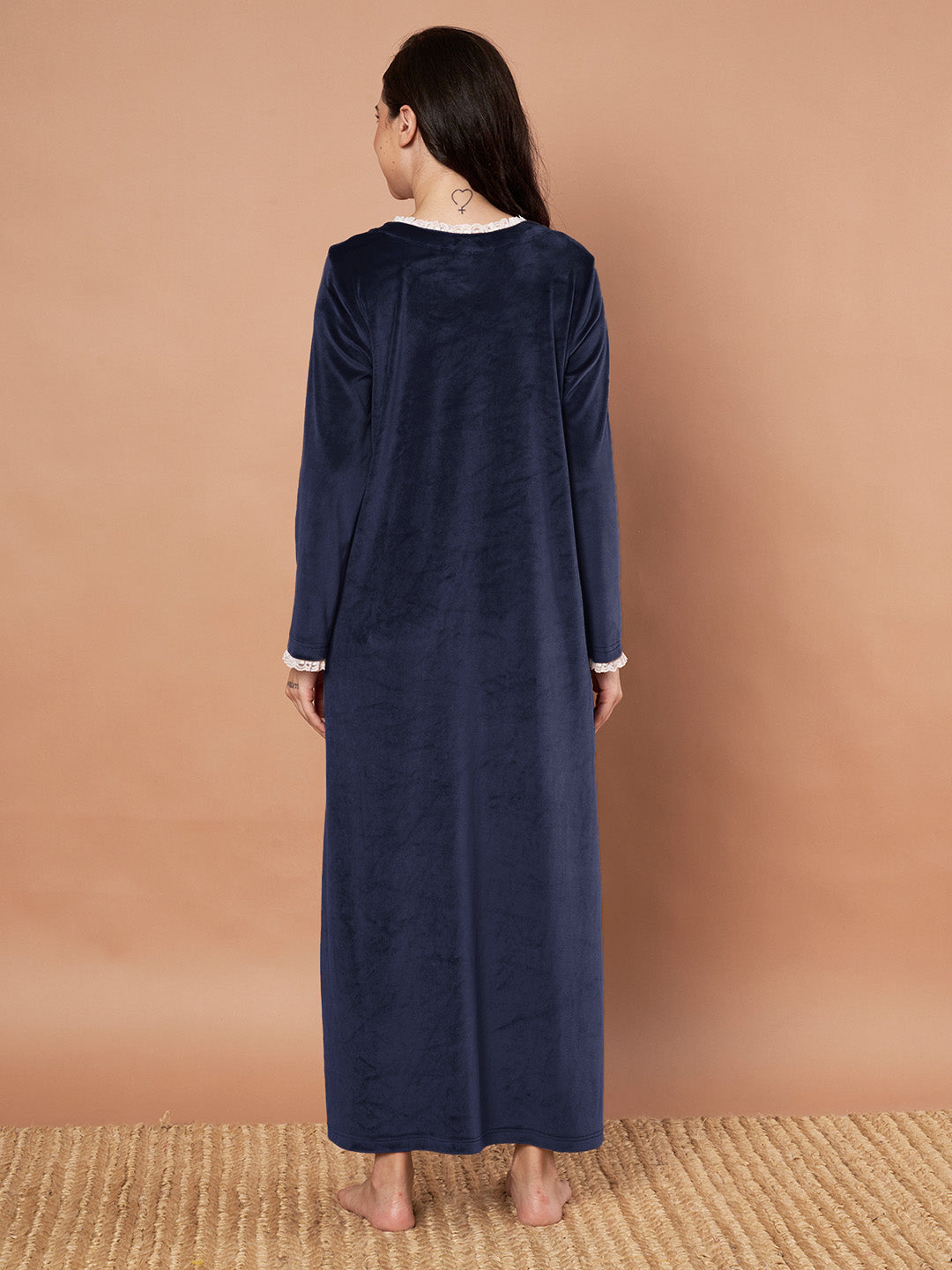 Navy Blue Solid Velvet Winter Nighty