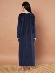 Navy Blue Solid Velvet Winter Nighty