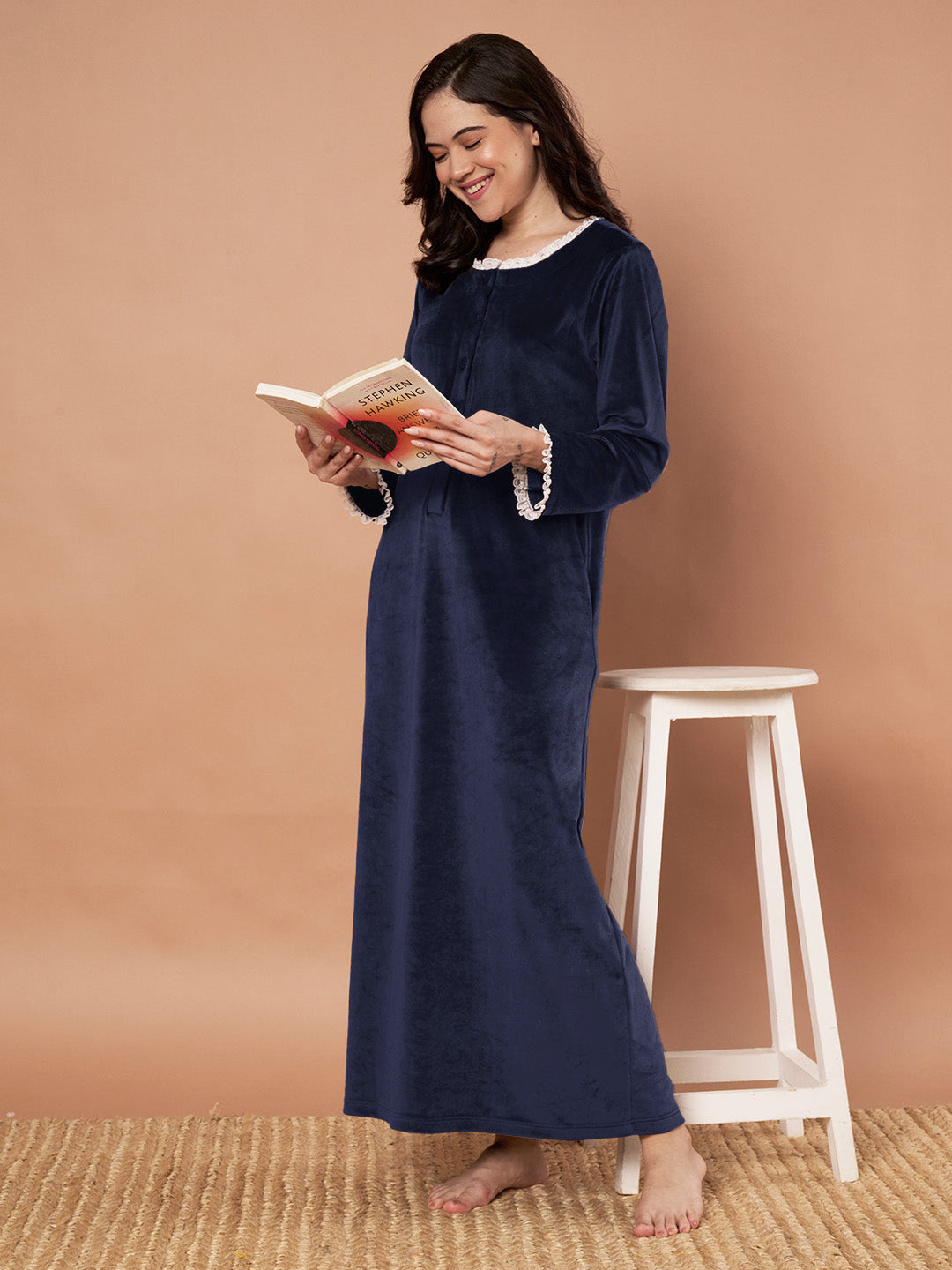 Navy Blue Solid Velvet Winter Nighty