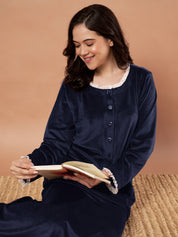 Navy Blue Solid Velvet Winter Nighty