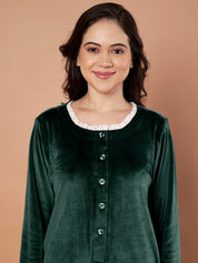 Bottle Green Solid Velvet Winter Nighty