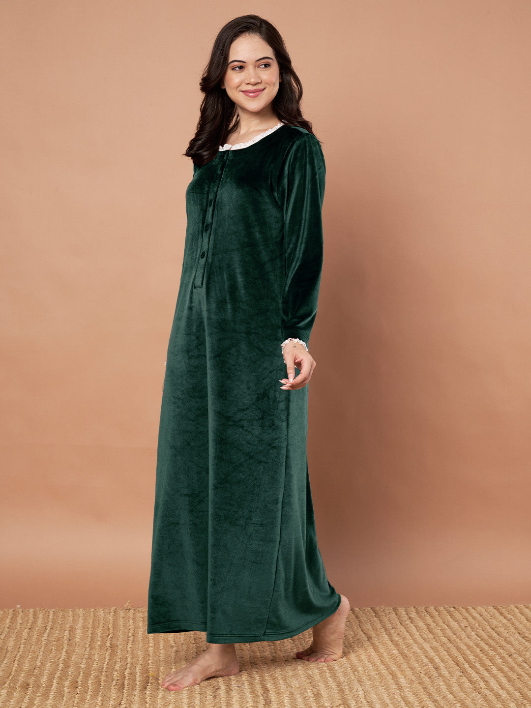 Bottle Green Solid Velvet Winter Nighty