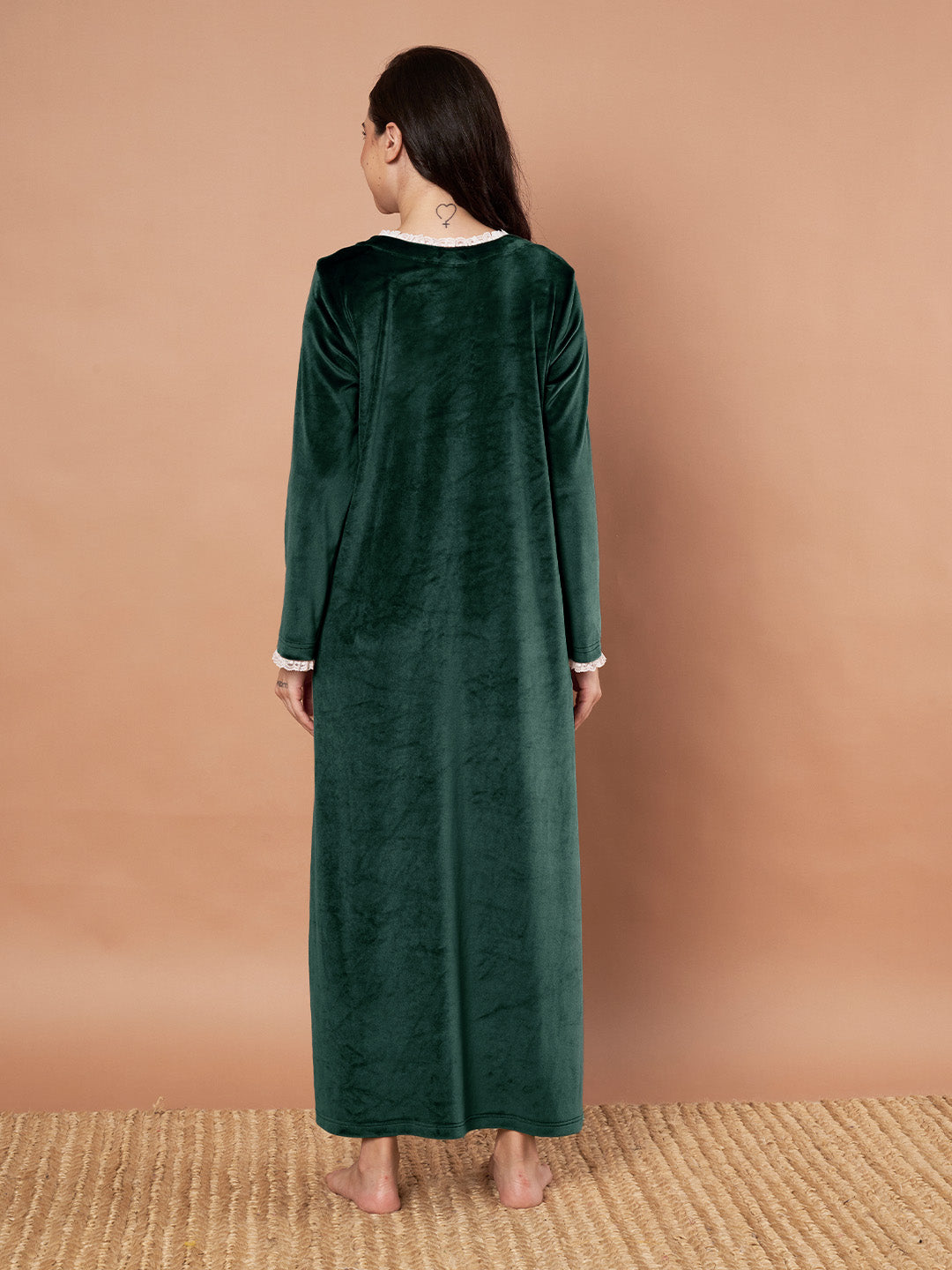 Bottle Green Solid Velvet Winter Nighty