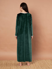 Bottle Green Solid Velvet Winter Nighty