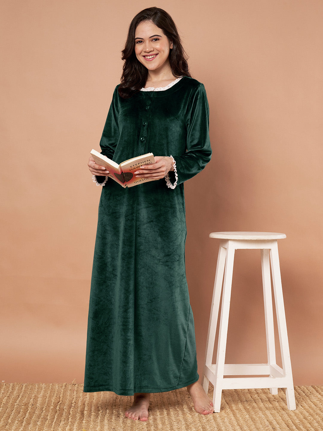 Bottle Green Solid Velvet Winter Nighty