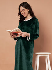 Bottle Green Solid Velvet Winter Nighty