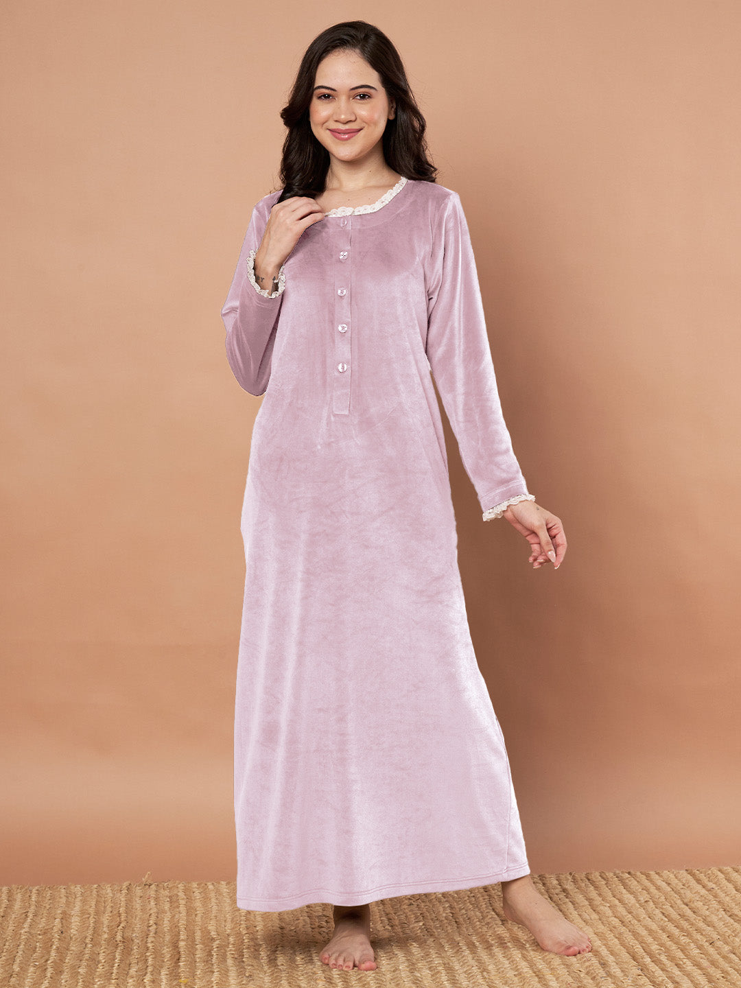 Pink Solid Velvet Winter Nighty
