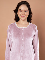Pink Solid Velvet Winter Nighty