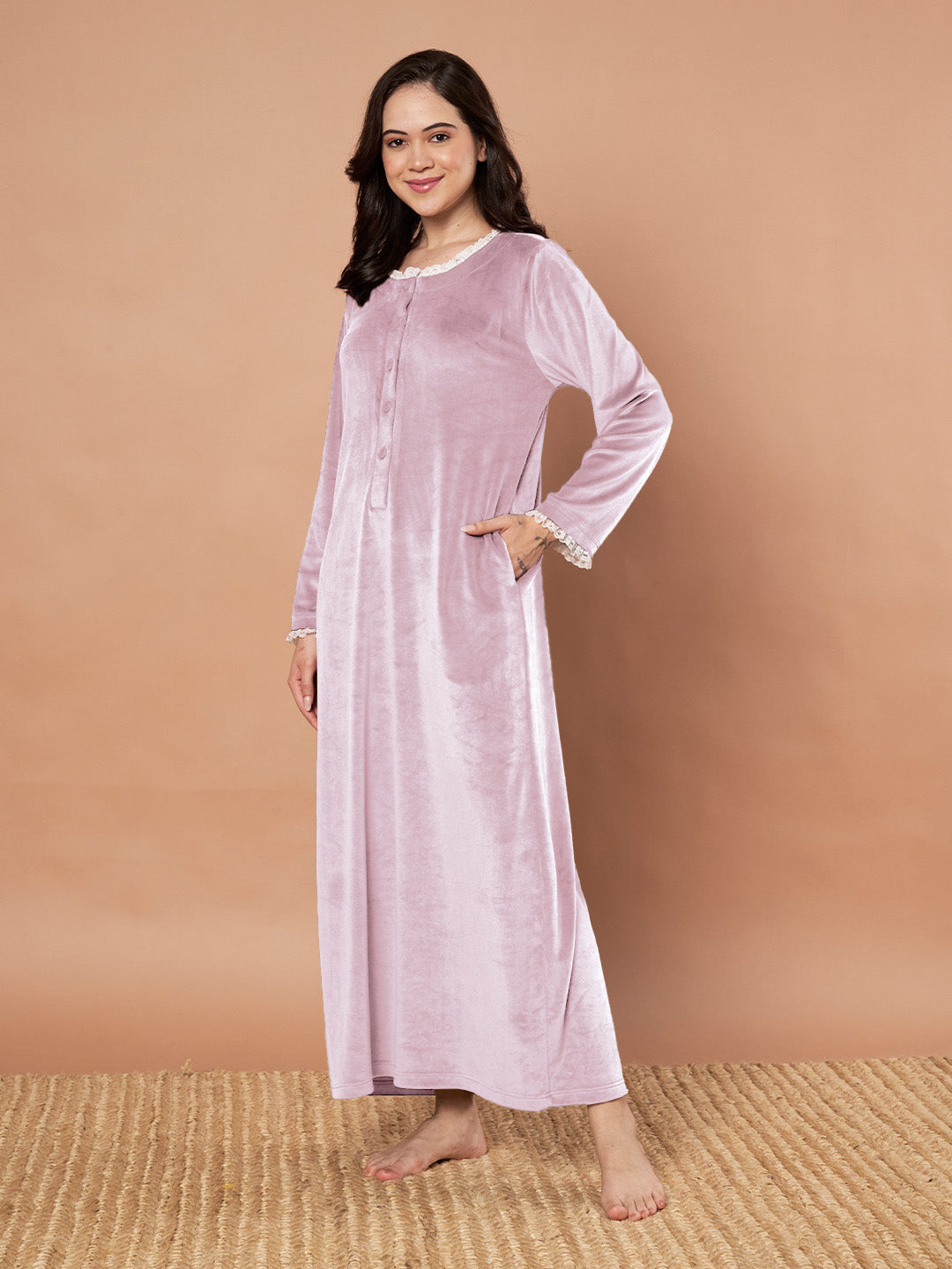 Pink Solid Velvet Winter Nighty