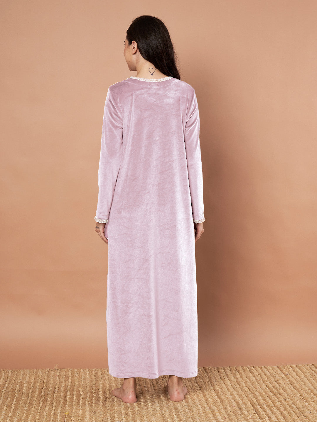 Pink Solid Velvet Winter Nighty