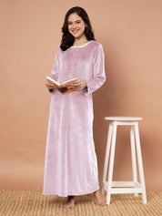 Pink Solid Velvet Winter Nighty