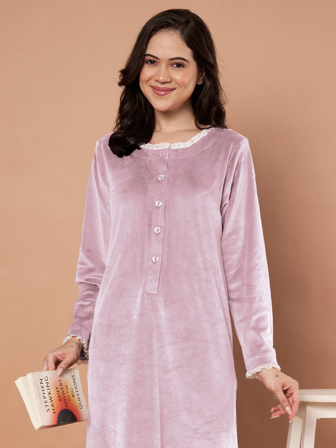Pink Solid Velvet Winter Nighty