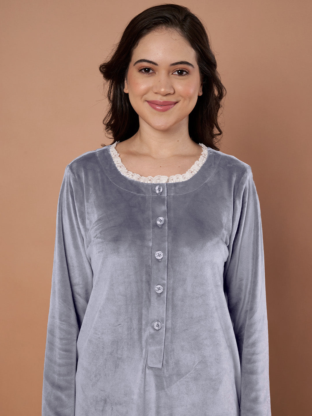 Grey Solid Velvet Winter Nighty