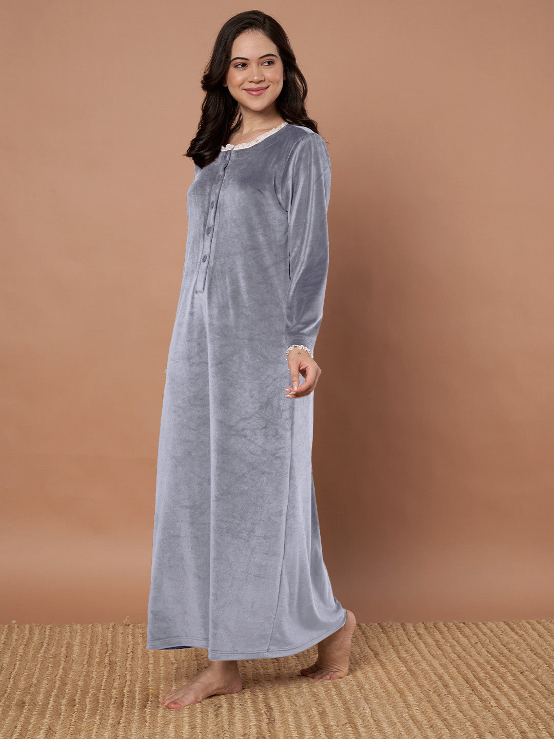 Grey Solid Velvet Winter Nighty