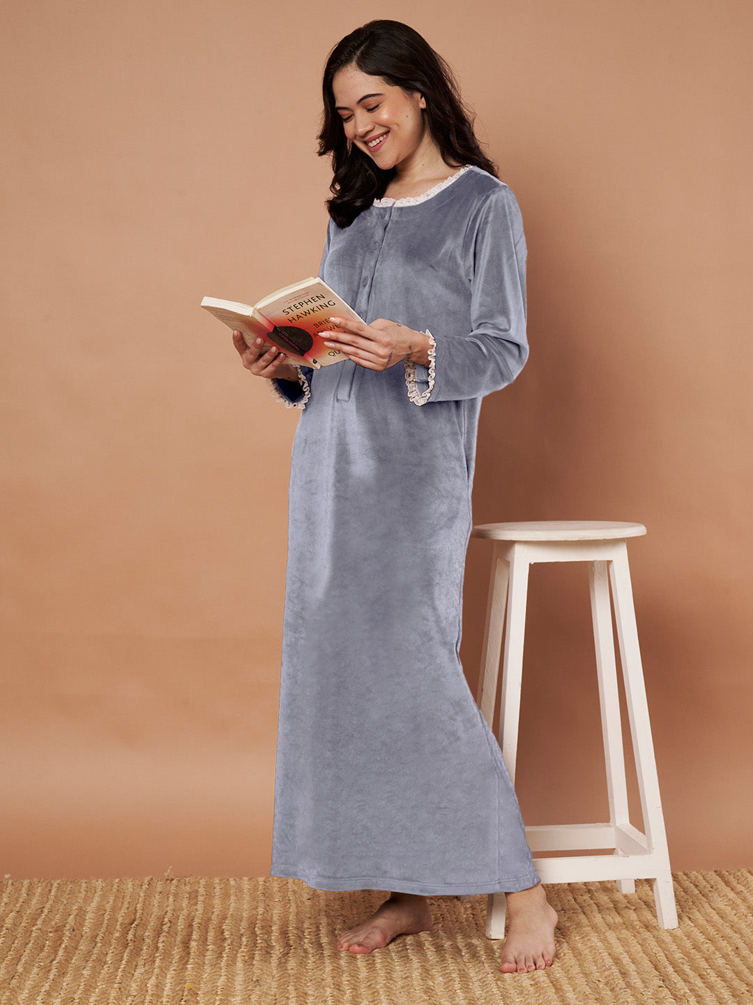 Grey Solid Velvet Winter Nighty