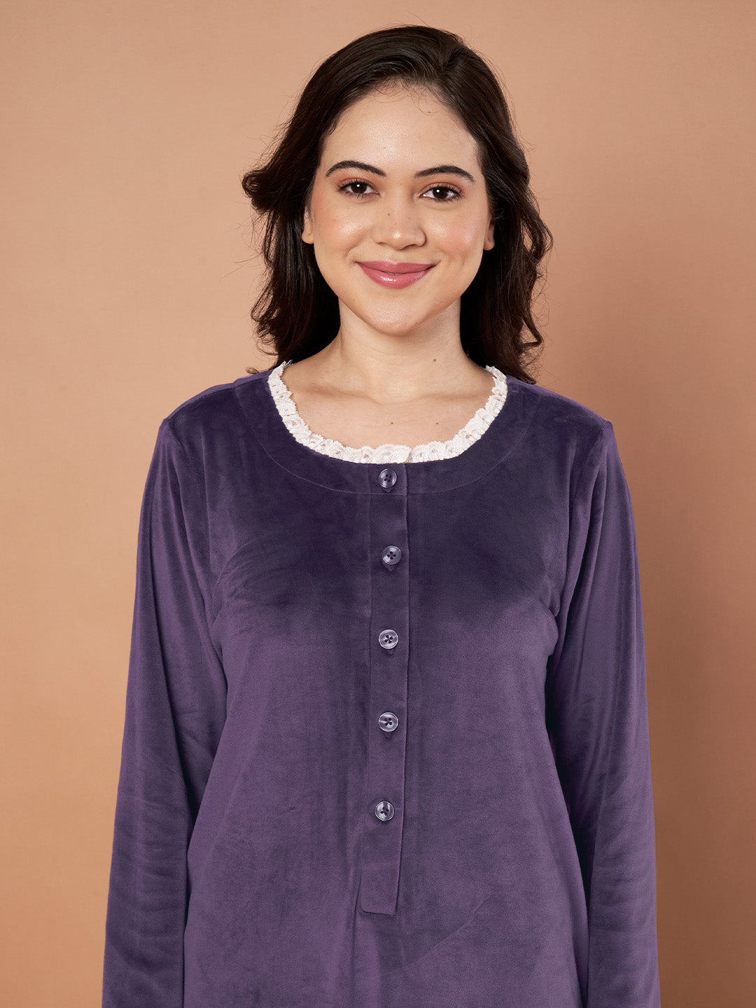 Purple Solid Velvet Winter Nighty